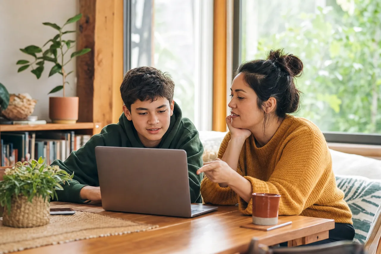 Ākonga and whānau member looking at a laptop together for online learning support.